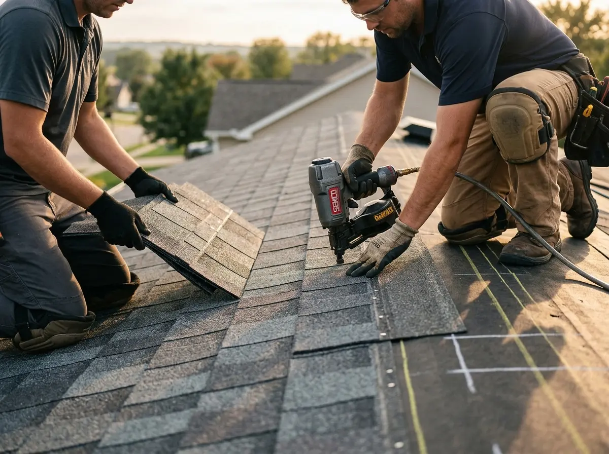 Professional roofer working on a residential roof in Bear